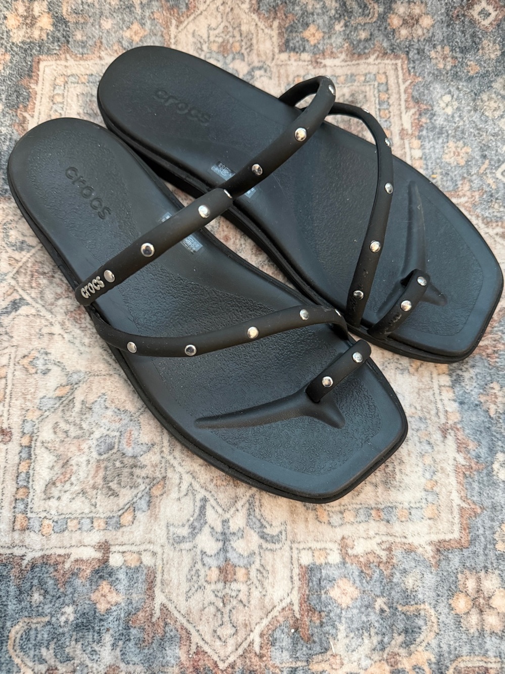CROCS Black Studded Miami Toe Loop Sandals